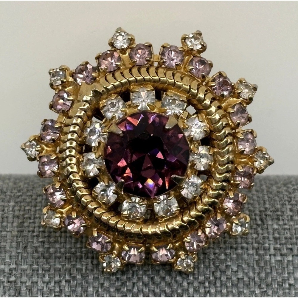 VTG Huge Cocktail Statement Ring Purple Crystal Rhinestone Gold Tone Size 7